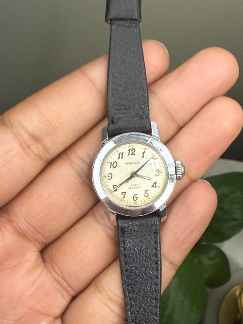 Caravelle Vintage wind up Small Round Watch in Black and Cream